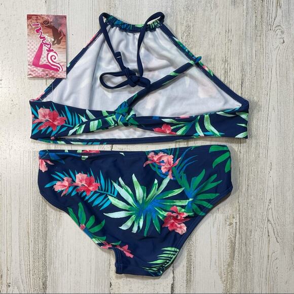 Kanu Surf Leonie Girls SZ 14 Floral Tie Halter Bikini Set 2-Piece Navy Blue New - Picture 2 of 6
